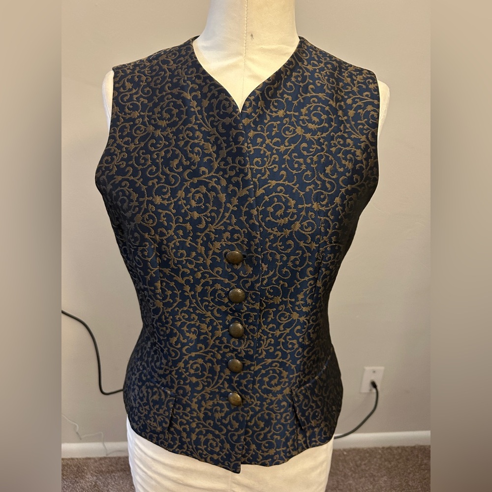 Vintage Ann Taylor Jacquard Vest – Size 6, Navy & Gold